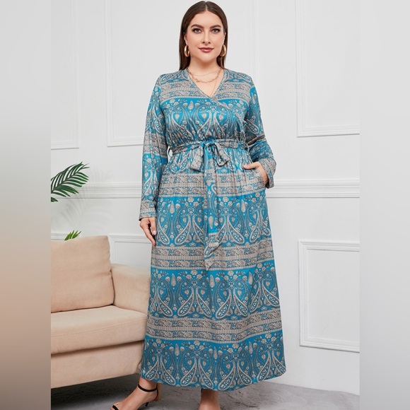 Plus Size V-Neck Tied Maxi Dress with Pocket - Picture 1 of 3